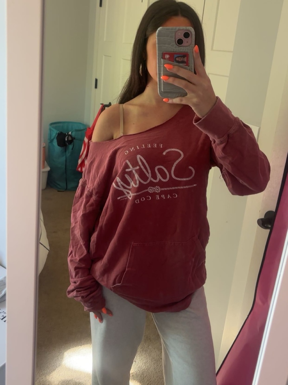 Vintage-Style Maroon Off-Shoulder Sweatshirt with Script Logo